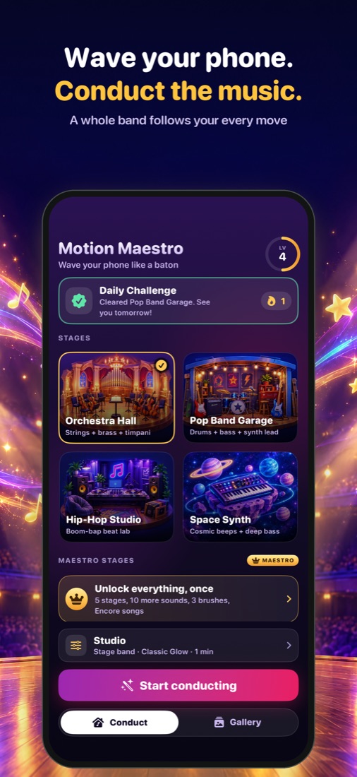 Motion Maestro screenshot: wave your phone, conduct the music